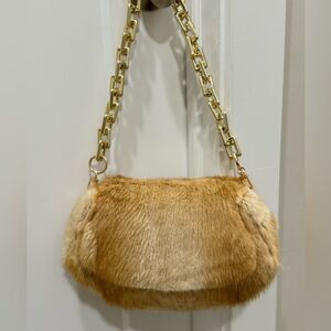 Golden Brown Real Muskrat Fur Fold Over Flap Saddle Bag/Shoulder Bag/Crossbody